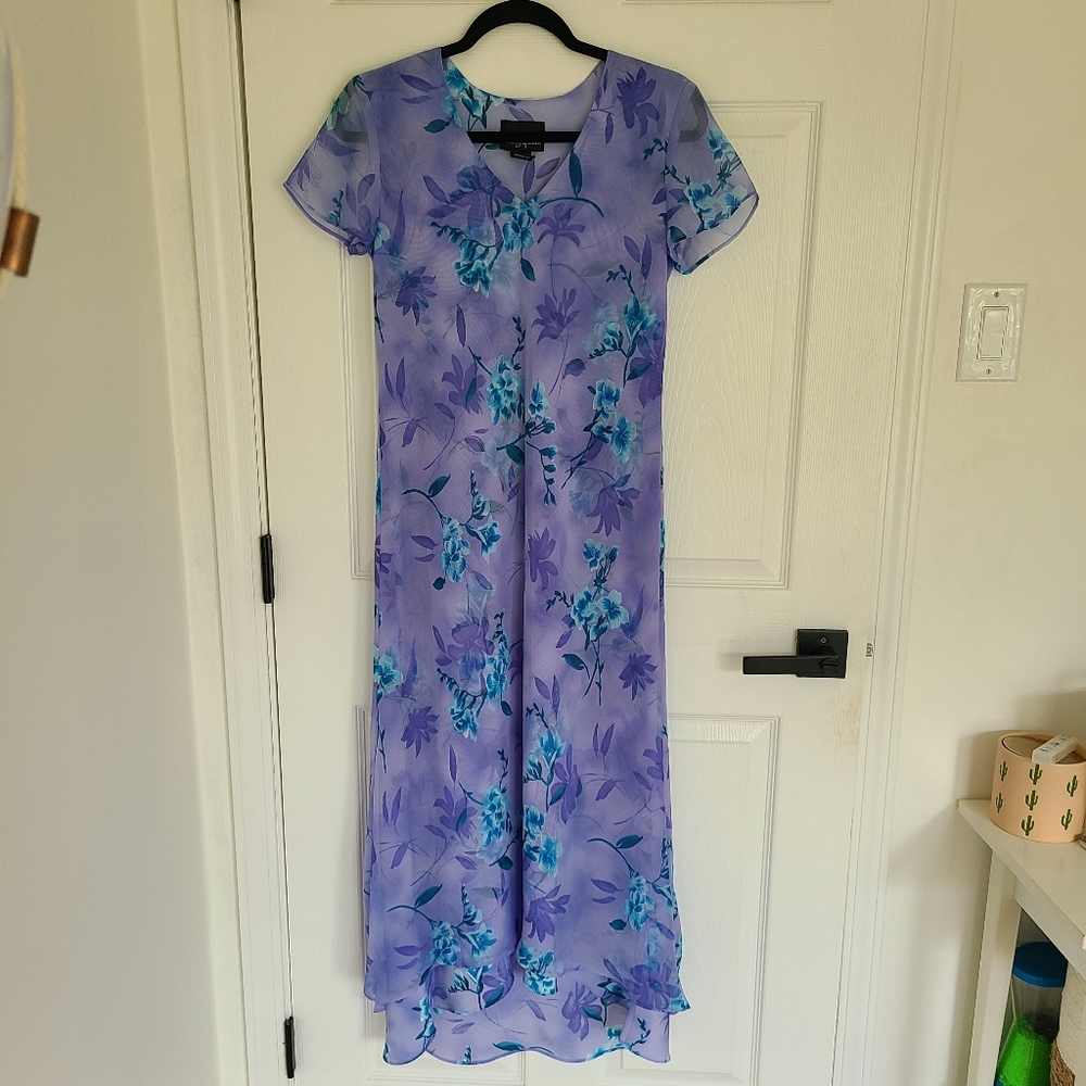 VTG Positive Attitude Purple Blue Floral maxi sheer Layerd Dress Size 10 Fairy